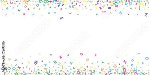 Falling letters of English language. Colorful messy sketch flying words of Latin alphabet. Foreign languages study concept. Popular back to school banner on white background.