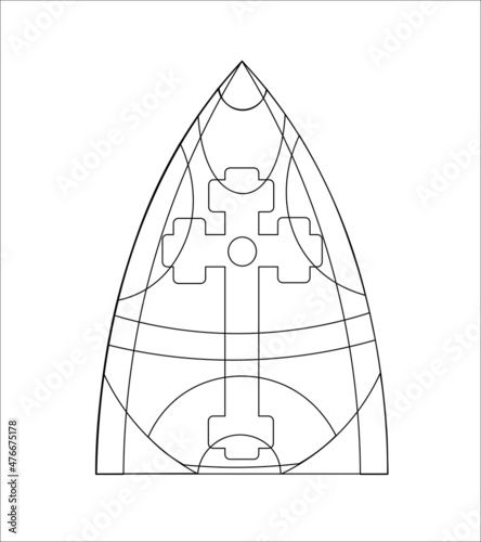 Church glass window with mosaic and cross in gothic style. Vector coloring book page