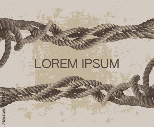 Vector background with the words Lorem ipsum, a place for text and a tangled old strong rope on a grunge beige backdrop. Suitable for banner, label, card, business card, certificate, diploma