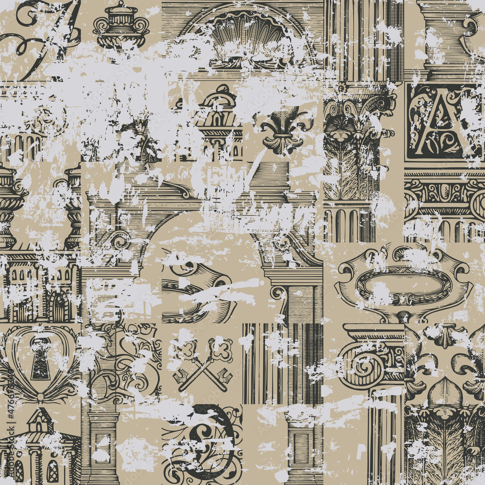 Abstract seamless pattern on theme of ancient architecture and art in