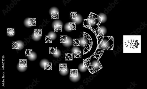 Constellation crossing mesh synthesis gear icon with magic light spots. Illuminated constellation created from synthesis gear vector icon and intersected lines. Constellation carcass synthesis gear,