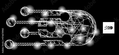 Glare mesh net transition bullet icon with glossy light spots. Illuminated constellation done from transition bullet vector icon and crossing lines. Constellation carcass transition bullet,