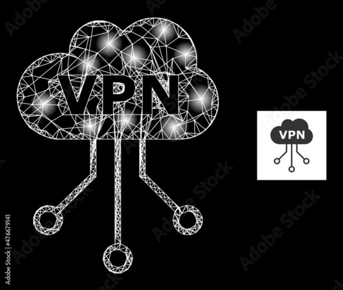 Constellation net VPN cloud icon with bright light spots. Illuminated constellation is created using VPN cloud vector icon and crossed lines. Constellation frame VPN cloud, on a black background.