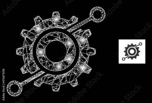 Shiny mesh net wheel connections icon with illuminated spots. Illuminated constellation done from wheel connections vector icon and crossed lines. Constellation frame wheel connections,