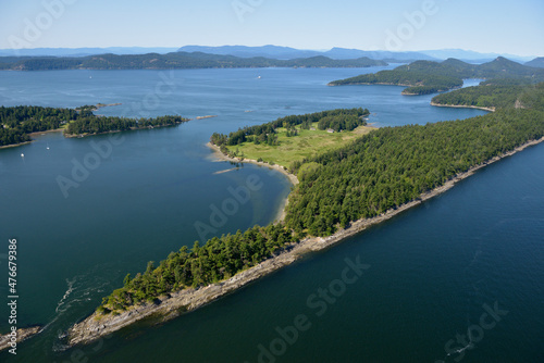 Aerial photo of Samuel Island with Plumper Sound and North Pender Island in the background, British Columbia, Canada. photo