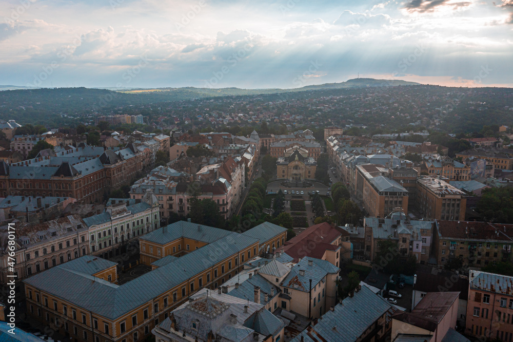Beautiful aerial view of the Chernivtsi city from above Western Ukraine. City council on sunset