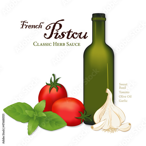 Pistou, popular French Provençal herb sauce for soup au pistou, pasta and vegetables, includes Sweet Basil, garlic, San Marzano plum tomatoes, bottle of olive oil, isolated on white.