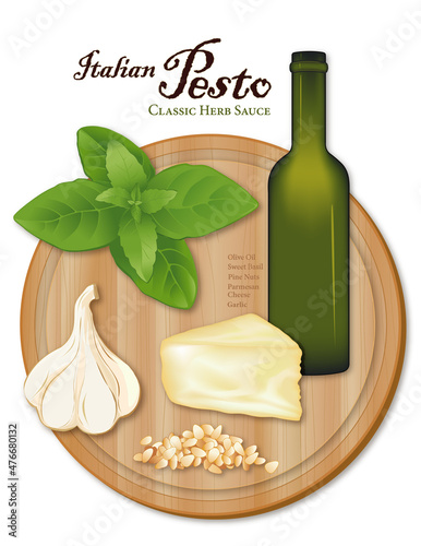 Pesto, popular classic Italian herb sauce for pasta and vegetables. Garlic, sweet basil, pine nuts (pignoli), Parmesan cheese, bottle of olive oil, wood cutting board, isolated on white. 