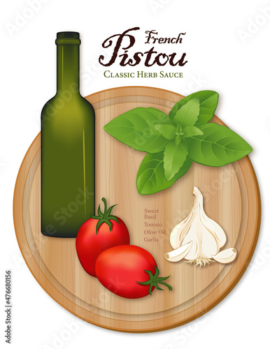 Pistou, popular French Provençal herb sauce for soup au pistou, pasta and vegetables, includes Sweet Basil, garlic, San Marzano plum tomatoes, olive oil, wood cutting board, isolated on white.
