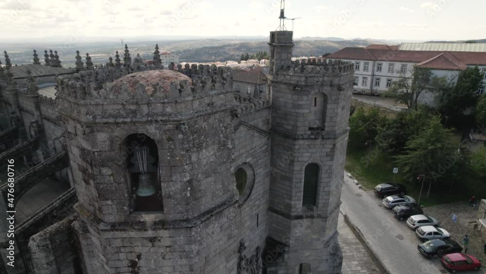 Flying over a gothic facade of Guarda Cathedral in Portugal Flying over a gothic facade of Guarda Cathedral in Portugal