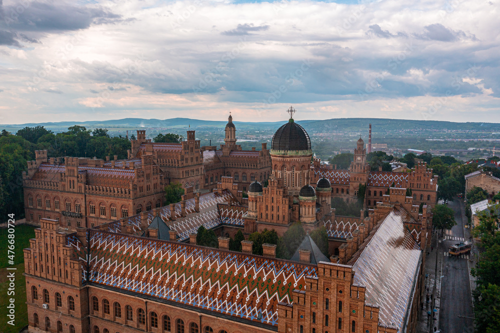 Obraz premium Aerial view of the Residence of Bukovinian and Dalmatian Metropolitans. Chernivtsi National University from above aerial view. Chernivtsi touristic destination of Ukraine.