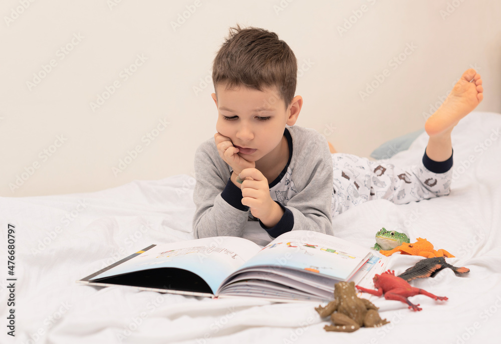 Child boy lies on the bed and reads a book to his toys. Relaxing at home concept Child boy lies on the bed and reads a book to his toys. Relaxing at home concept