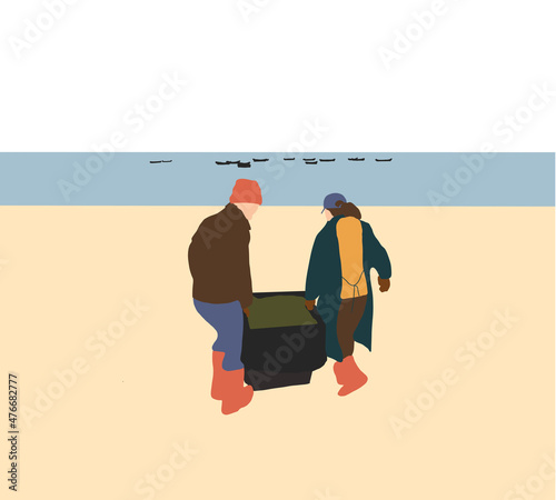 Fishermen carry their catch of fish deliver their it to fish traders. Selling fish on the morning fish market on the beach in