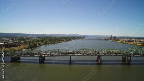 Wallpaper Mural Aerial pulling away from the Columbia River Interstate Bridge connecting traffic from Vancouver, Washington to Portland, Oregon. Torontodigital.ca