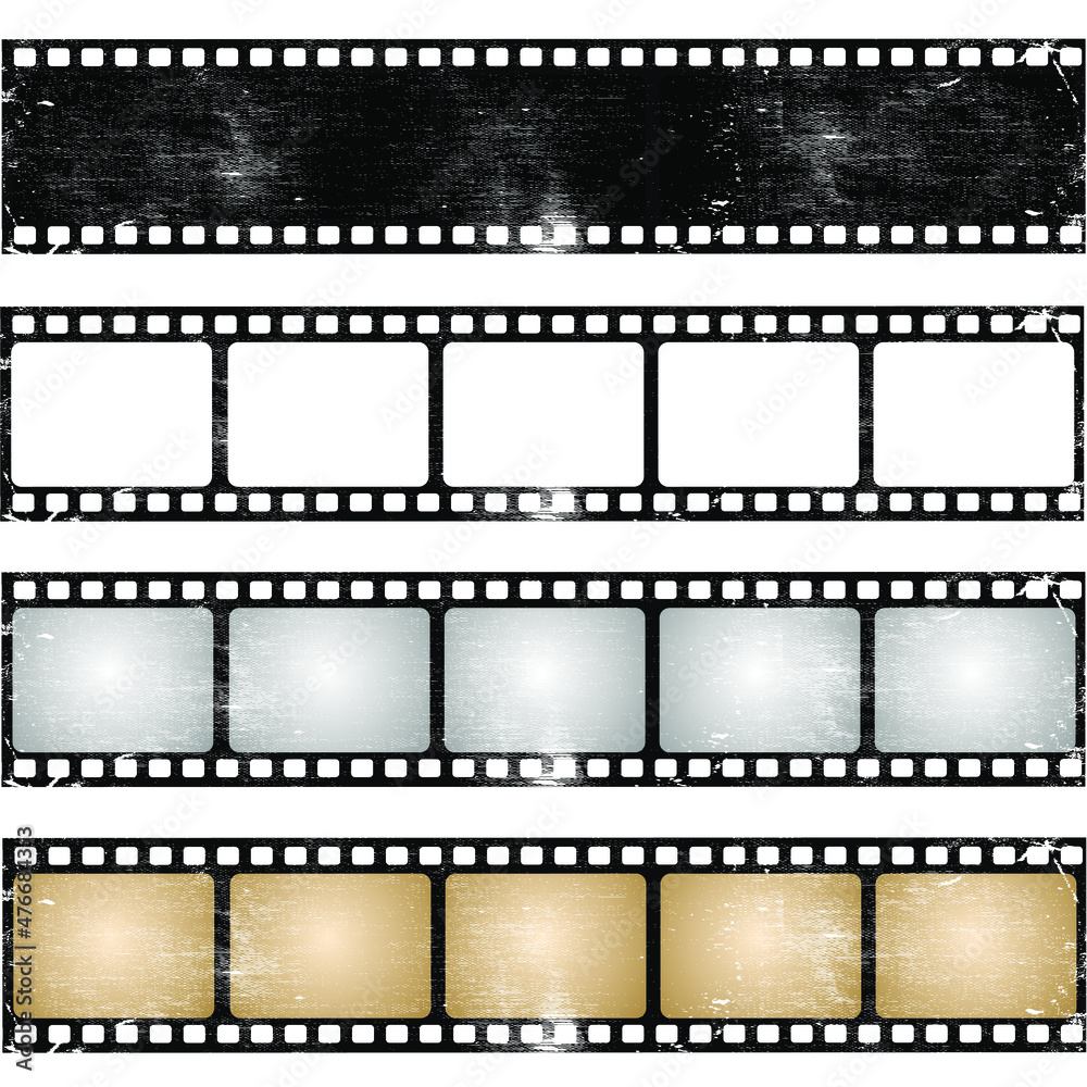 Grunge film strips collection. Old retro cinema movie strip. Video recording. Vector illustration. Grunge film strips collection. Old retro cinema movie strip. Video recording. Vector illustration.