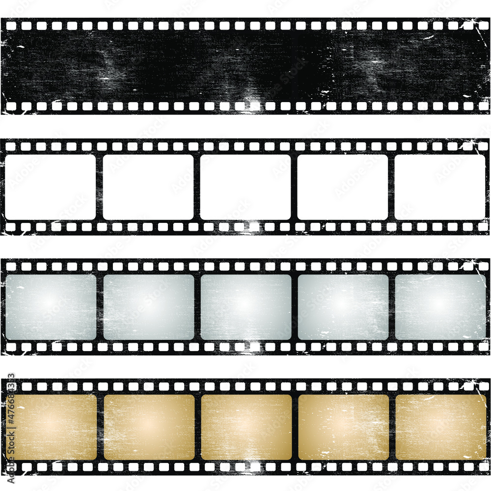 Grunge film strips collection. Old retro cinema movie strip. Video recording. Vector illustration.