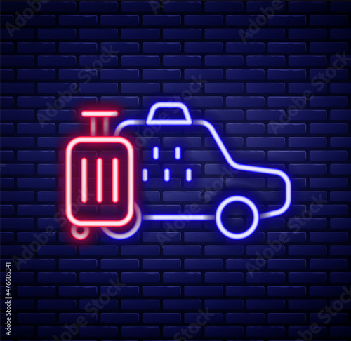 Glowing neon line Taxi car icon isolated on brick wall background. Colorful outline concept. Vector