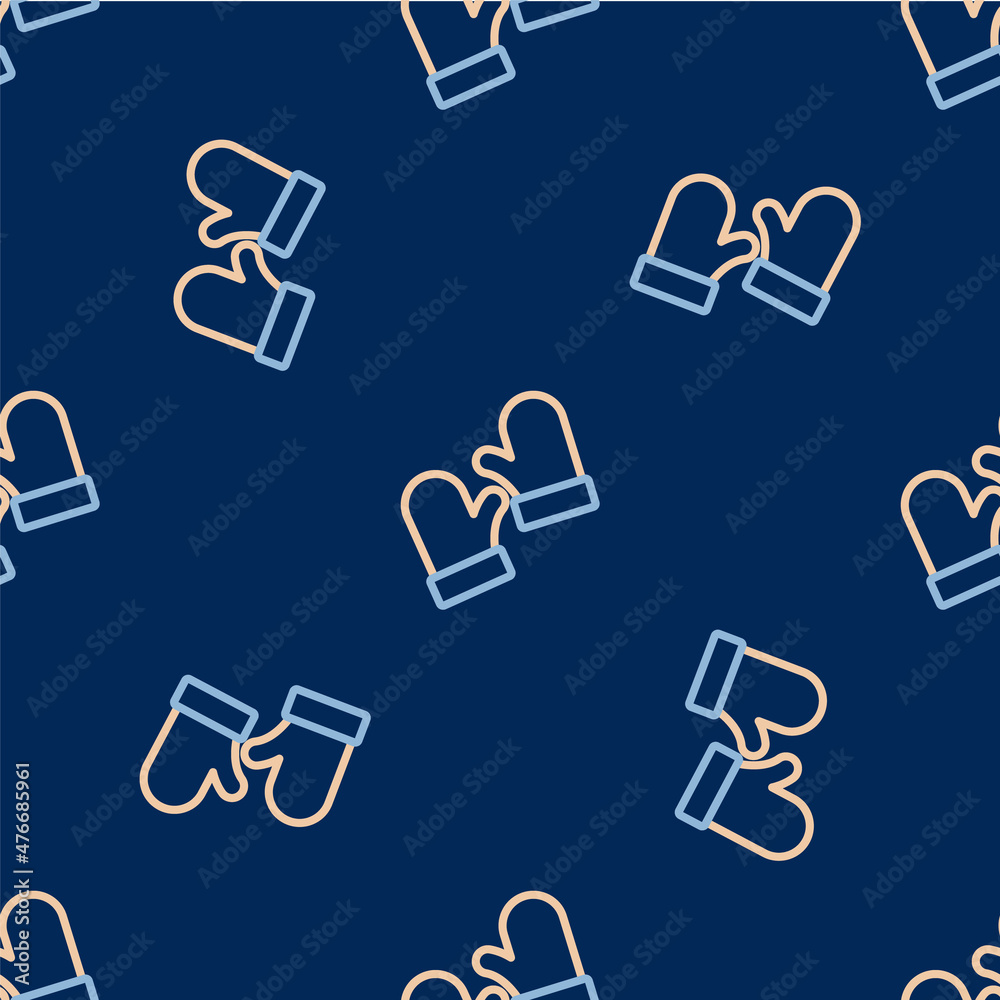 Line Pair of knitted christmas mittens icon isolated seamless pattern on blue background. Mitten icon. Merry Christmas and Happy New Year. Vector Line Pair of knitted christmas mittens icon isolated seamless pattern on blue background. Mitten icon. Merry Christmas and Happy New Year. Vector