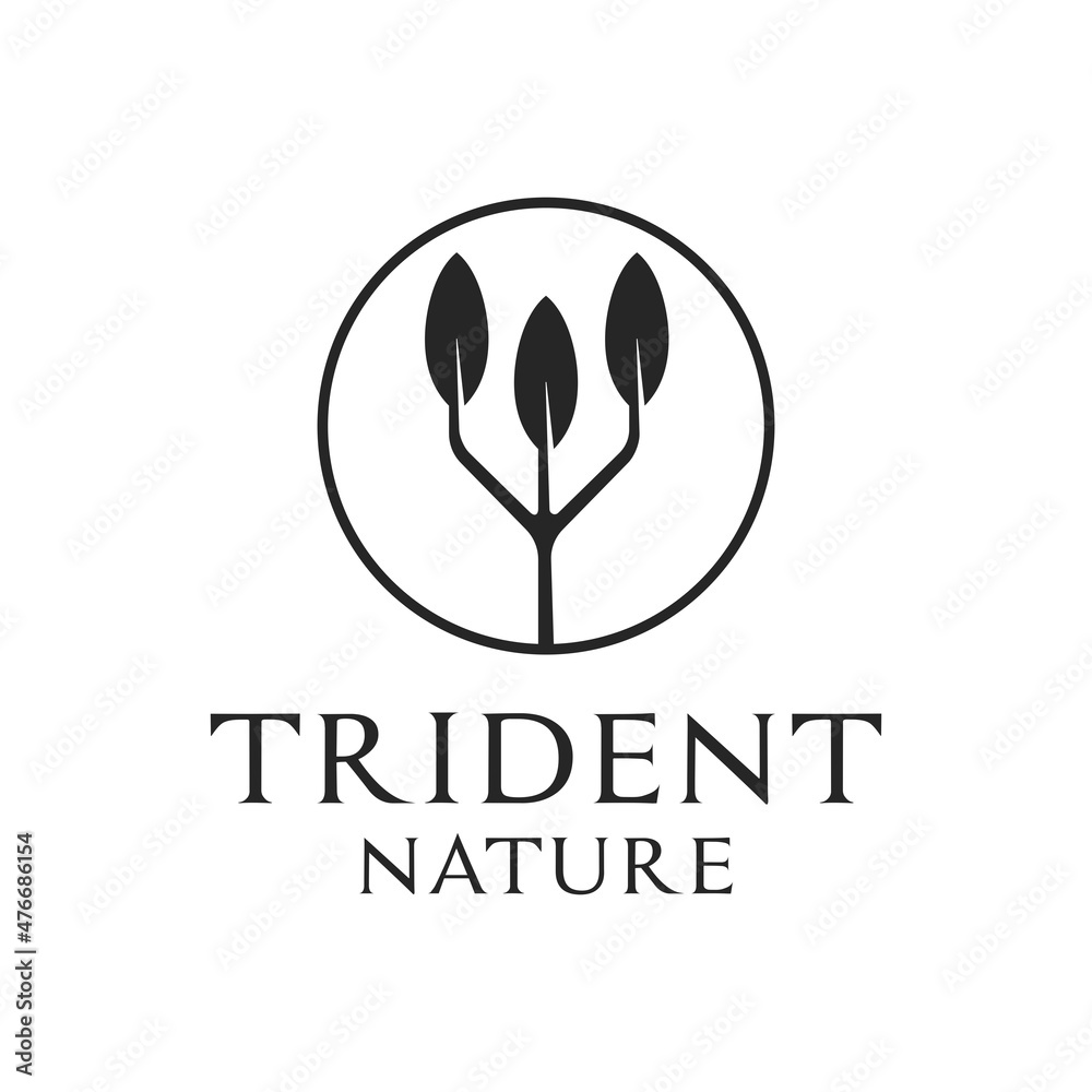 Obraz premium Trident Nature logo design. Combination of Three Spears with Leaves. Circular Trident Neptune Poseidon Triton King Spear logo design