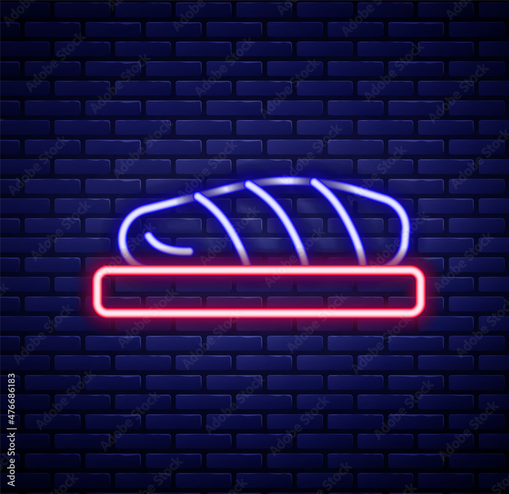 Glowing neon line Fish steak icon isolated on brick wall background. Colorful outline concept. Vector Glowing neon line Fish steak icon isolated on brick wall background. Colorful outline concept. Vector