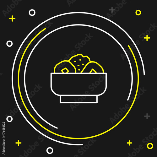 Line Chow mein on plate icon isolated on black background. Asian food. Colorful outline concept. Vector