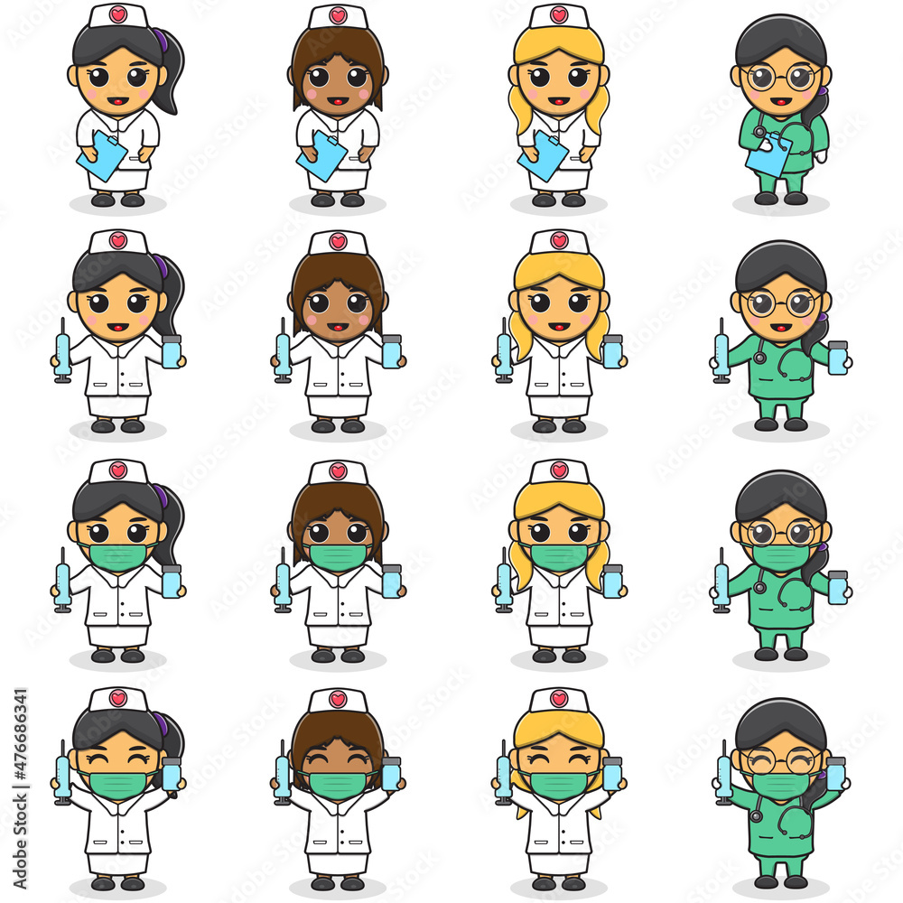 Cartoon Character of Cute Smiling nurse holding Vaccine. Cartoon woman nurse in white uniform. Vector illustration in character design. Isolated on a White Background Cartoon Character of Cute Smiling nurse holding Vaccine. Cartoon woman nurse in white uniform. Vector illustration in character design. Isolated on a White Background