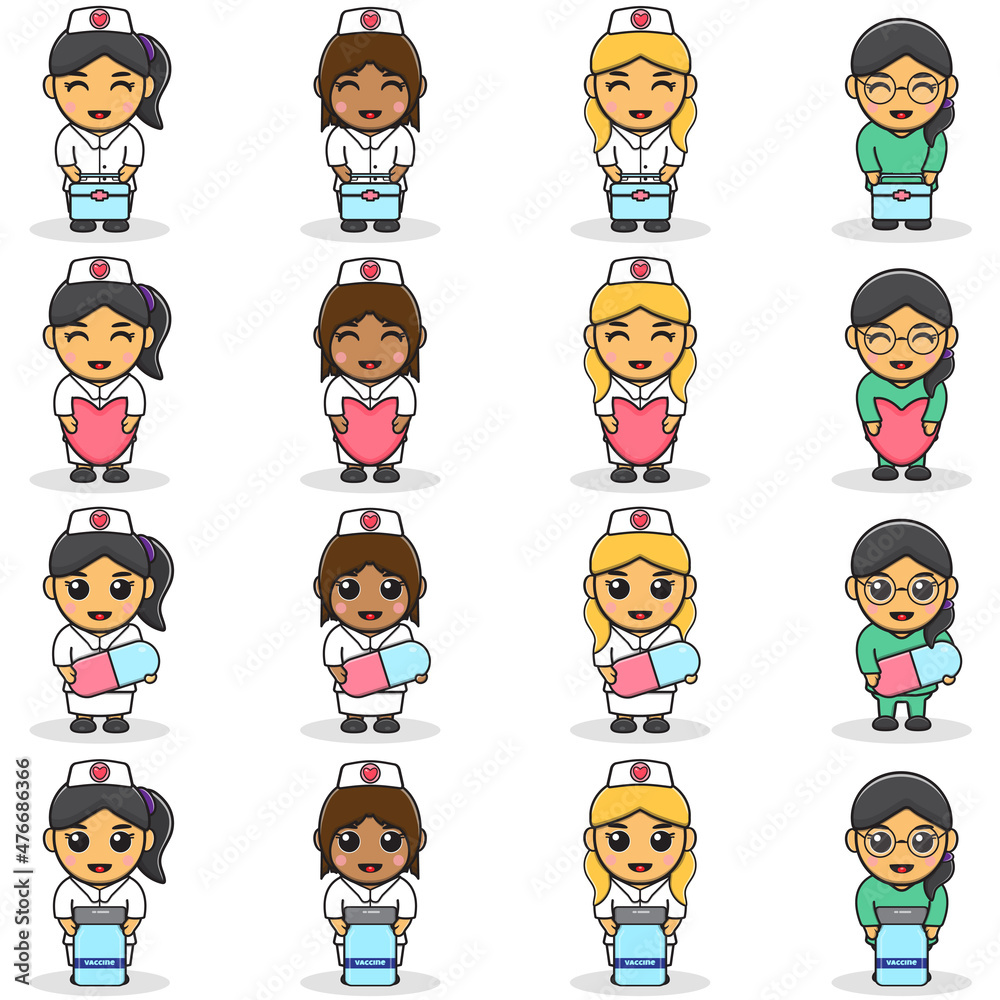 Cartoon Character of Cute Smiling nurse hold Medical kit, heart, capsule and vaccine. Cartoon woman nurse in white uniform. Vector illustration in character design. Isolated on a White Background Cartoon Character of Cute Smiling nurse hold Medical kit, heart, capsule and vaccine. Cartoon woman nurse in white uniform. Vector illustration in character design. Isolated on a White Background
