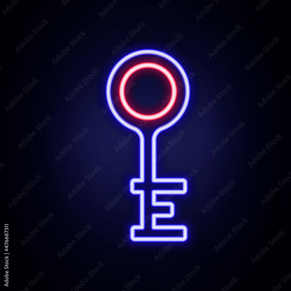 Glowing neon line Old key icon isolated on brick wall background. Colorful outline concept. Vector Glowing neon line Old key icon isolated on brick wall background. Colorful outline concept. Vector