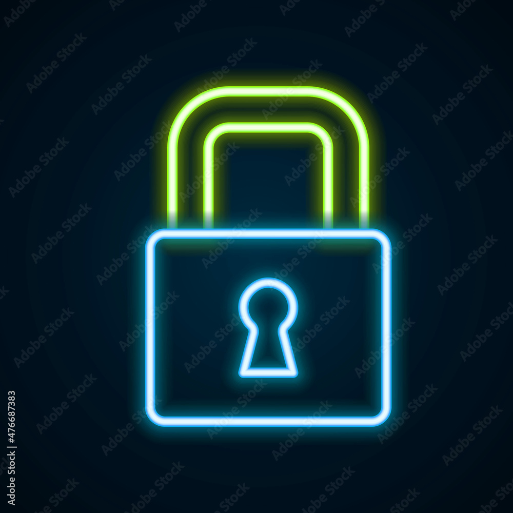 Glowing neon line Lock icon isolated on black background. Padlock sign. Security, safety, protection, privacy concept. Colorful outline concept. Vector Glowing neon line Lock icon isolated on black background. Padlock sign. Security, safety, protection, privacy concept. Colorful outline concept. Vector