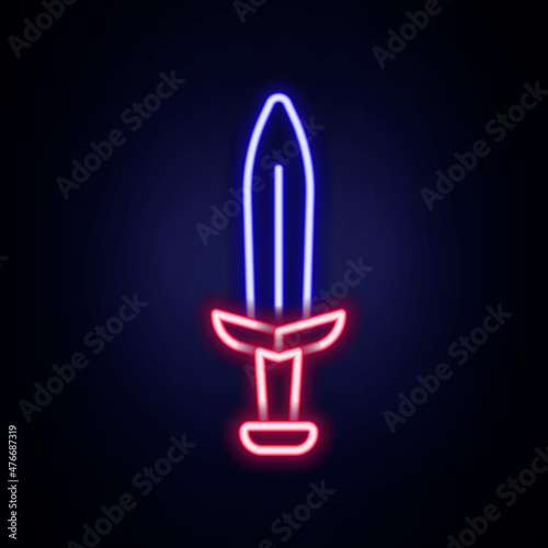 Glowing neon line Medieval sword icon isolated on brick wall background. Medieval weapon. Colorful outline concept. Vector