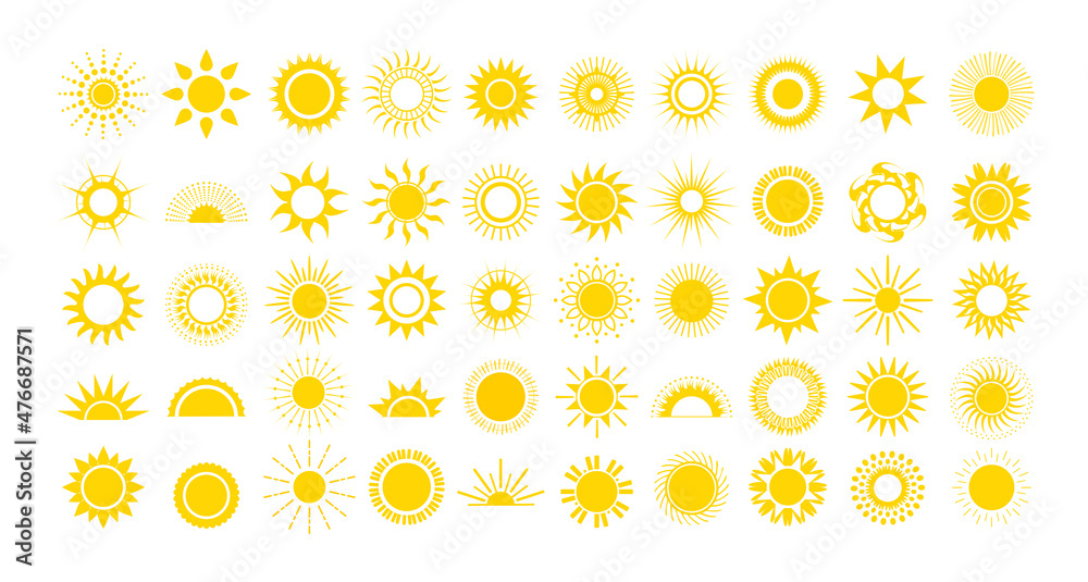 A set of yellow suns of different styles and shapes. Colored icons for creative design. A set of yellow suns of different styles and shapes. Colored icons for creative design.
