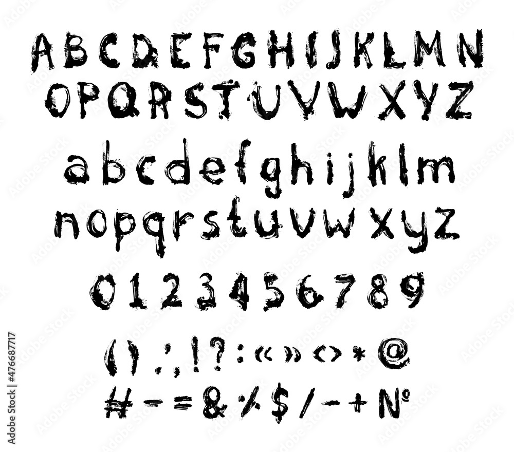 Set of letters, numbers and punctuation marks in grunge style. Abstract font. Set of letters, numbers and punctuation marks in grunge style. Abstract font.