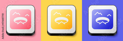 Isometric Winter fishing icon isolated on pink, yellow and blue background. Round ice frame. Hole in ice. Square button. Vector