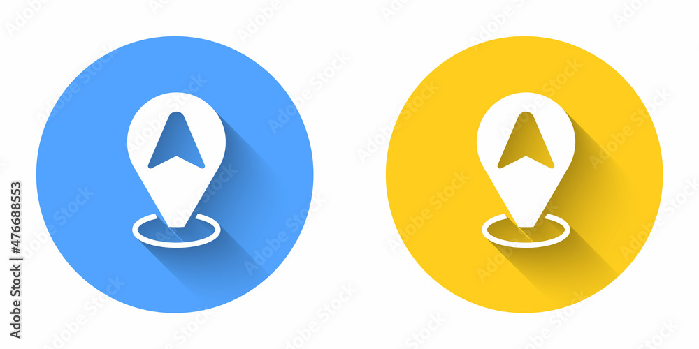 White Map pointer with taxi car icon isolated with long shadow background. Location symbol. Circle button. Vector White Map pointer with taxi car icon isolated with long shadow background. Location symbol. Circle button. Vector