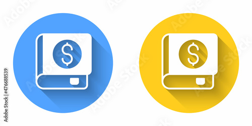 White Financial book icon isolated with long shadow background. Circle button. Vector