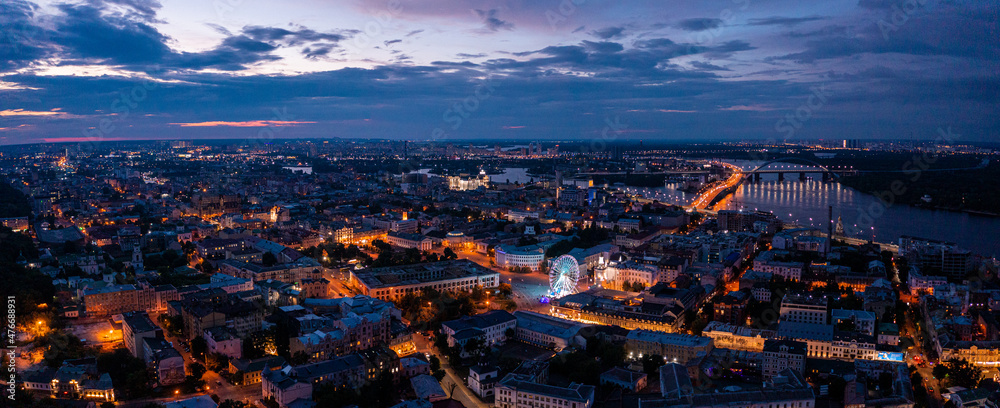 Fototapeta premium Aerial night view of the the Kyiv city center at night. Top view near the Independence Maidan at Kiev, Ukraine.