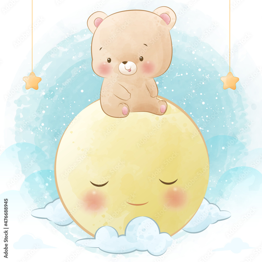 Cute teddy bear sitting on yellow moon with cloud cartoon illustration