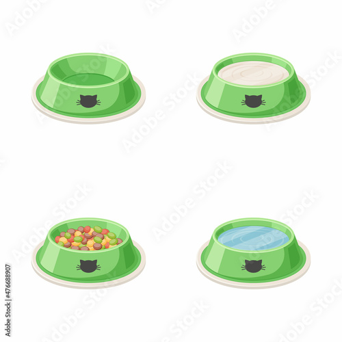 cat bowl filled with water, cat food and milk isolated on white background