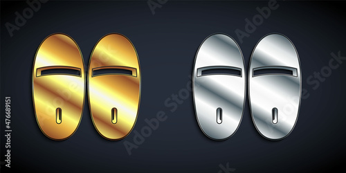 Gold and silver Slippers icon isolated on black background. Flip flops sign. Long shadow style. Vector