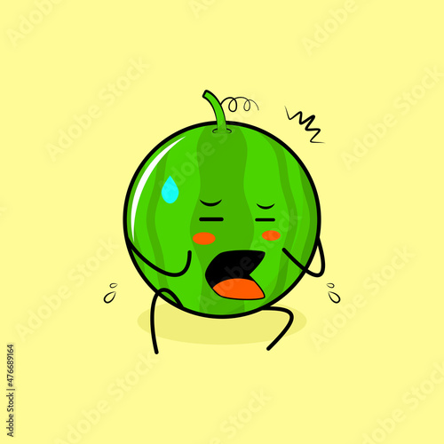 cute watermelon character with afraid expression and sit down. green and yellow. suitable for emoticon, logo, mascot or sticker