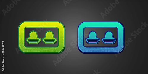 Green and blue Earplugs with storage box icon isolated on black background. Ear plug sign. Noise symbol. Sleeping quality concept. Vector