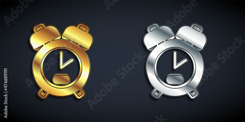 Gold and silver Alarm clock icon isolated on black background. Wake up, get up concept. Time sign. Long shadow style. Vector