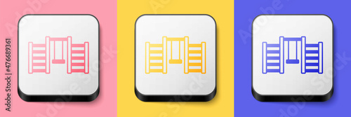 Isometric Wooden Swedish wall icon isolated on pink, yellow and blue background. Swedish stairs. Square button. Vector