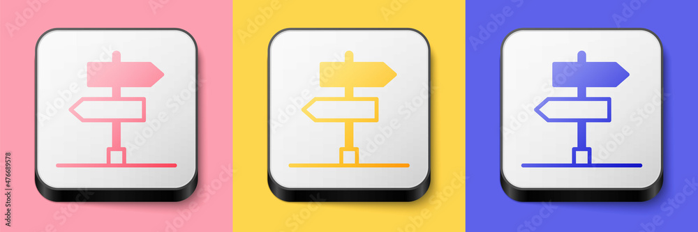 Isometric Road traffic sign. Signpost icon isolated on pink, yellow and blue background. Pointer symbol. Isolated street information sign. Direction sign. Square button. Vector Isometric Road traffic sign. Signpost icon isolated on pink, yellow and blue background. Pointer symbol. Isolated street information sign. Direction sign. Square button. Vector