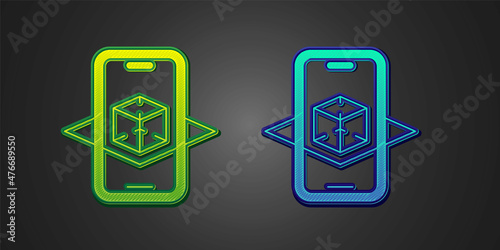 Green and blue 3d modeling icon isolated on black background. Augmented reality or virtual reality. Vector