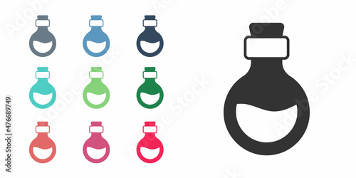 Black Glass bottle with magic elixir icon isolated on white background. Computer game asset. Set icons colorful. Vector