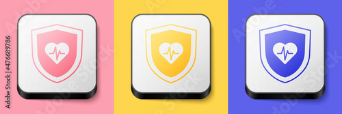 Isometric Life insurance with shield icon isolated on pink, yellow and blue background. Security, safety, protection, protect concept. Square button. Vector