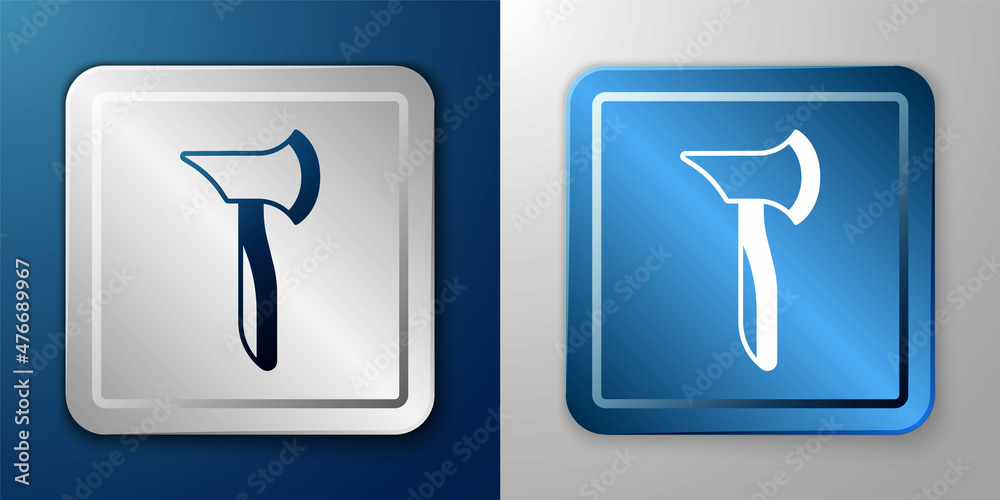 White Wooden axe icon isolated on blue and grey background. Lumberjack axe. Silver and blue square button. Vector White Wooden axe icon isolated on blue and grey background. Lumberjack axe. Silver and blue square button. Vector
