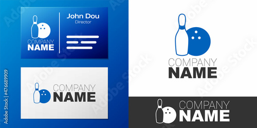 Logotype Bowling pin and ball icon isolated on white background. Sport equipment. Logo design template element. Vector