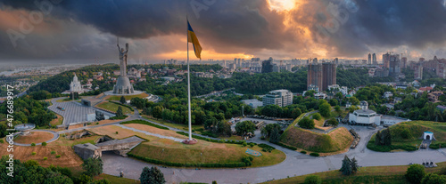 Aerial panoramic view of the Mother Motherland monument in Kiev. Historical sights of Ukraine. Beautiful scenic view of Kyiv.